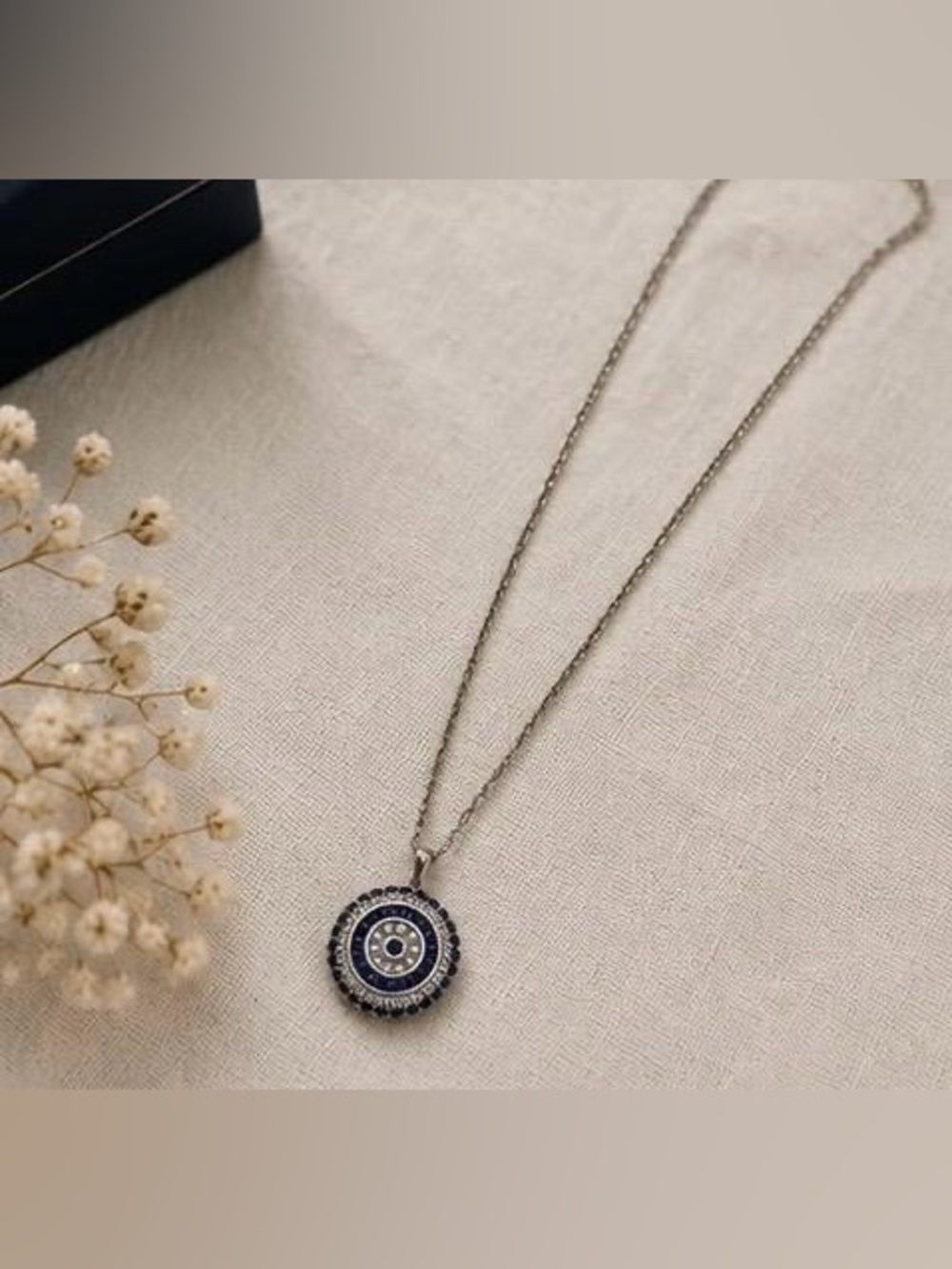 Anthropologie Silver and Blue Round Evil Eye Pendant Necklace